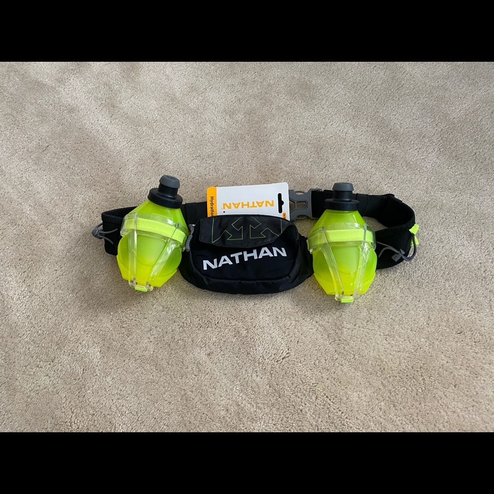 Nathan hydration belt with two 10 oz water bottles
